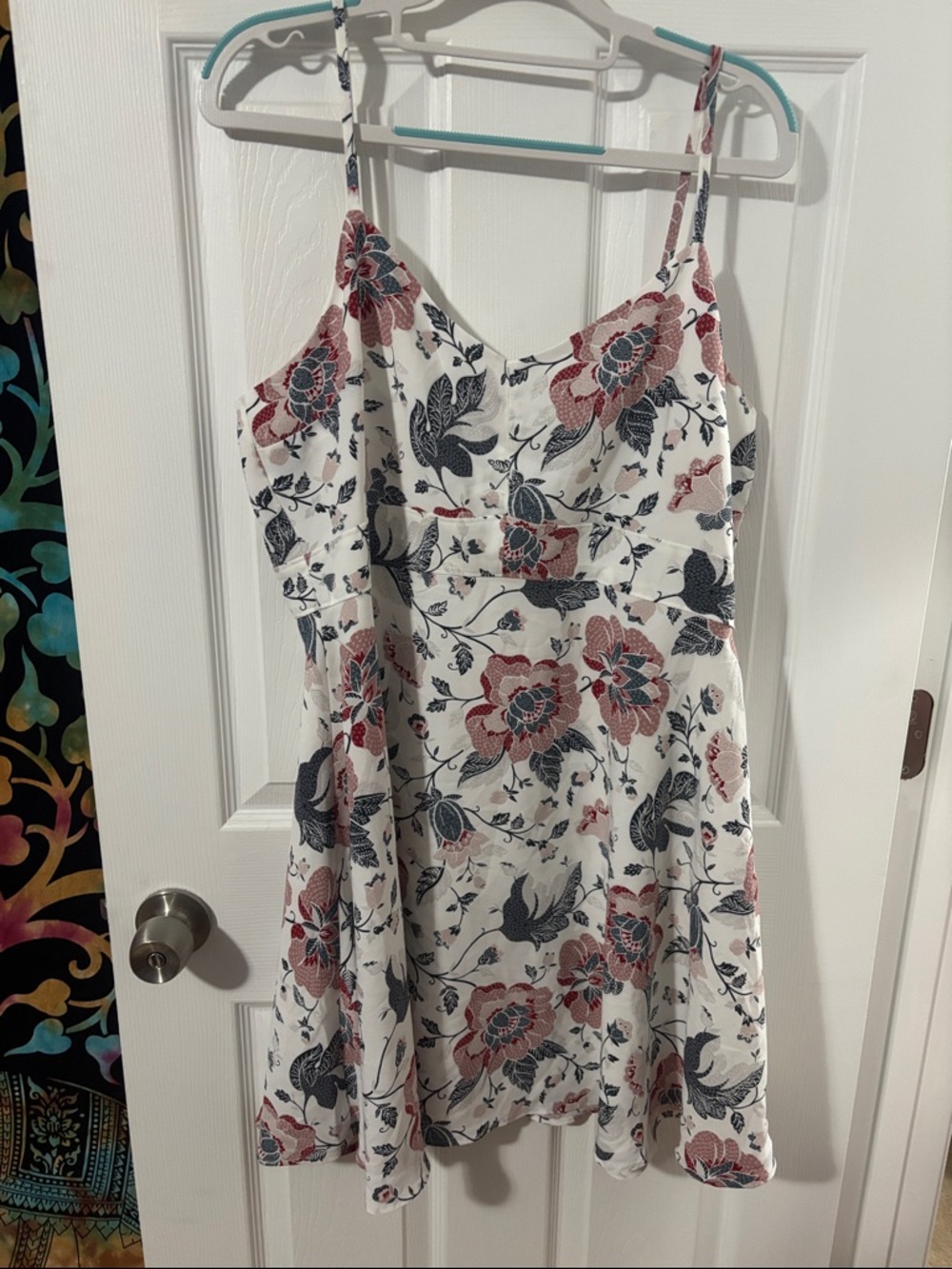 NWT Floral Spaghetti-Strap Summer Dress in White with Pink & Navy Flowers